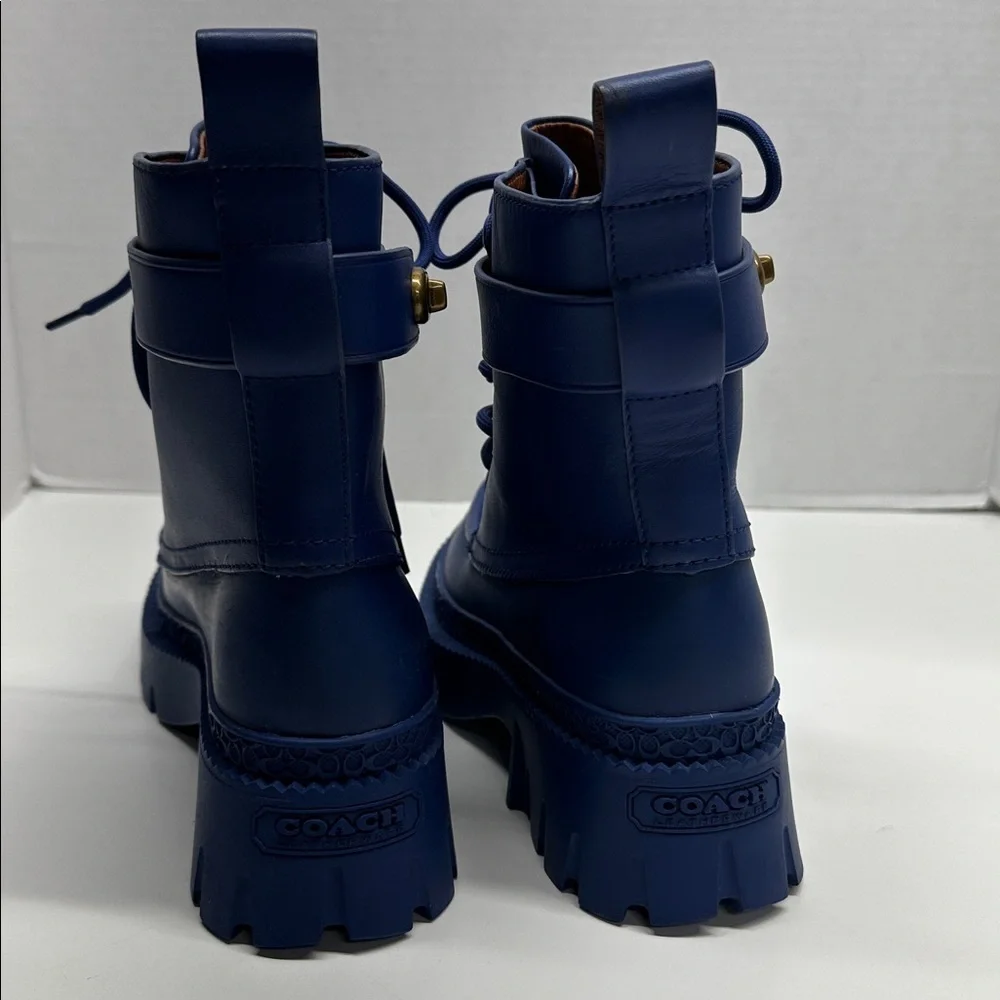Coach Lace Up Bootie Ankle Boots Leather Rubber Sapphire Blue Womens Size 5.5